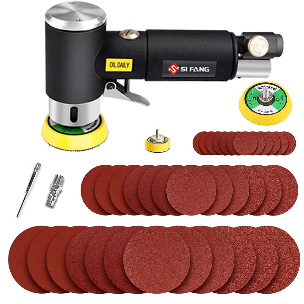 SI FANG Kit Mini Ponceuse Pneumatique, Ponceuse Orbitale 25/50/75mm avec 45 Disques Abrasifs, Ponceuse de Voiture Pneumatique à Grande Vitesse, Pour le Polissage du métal et du bois