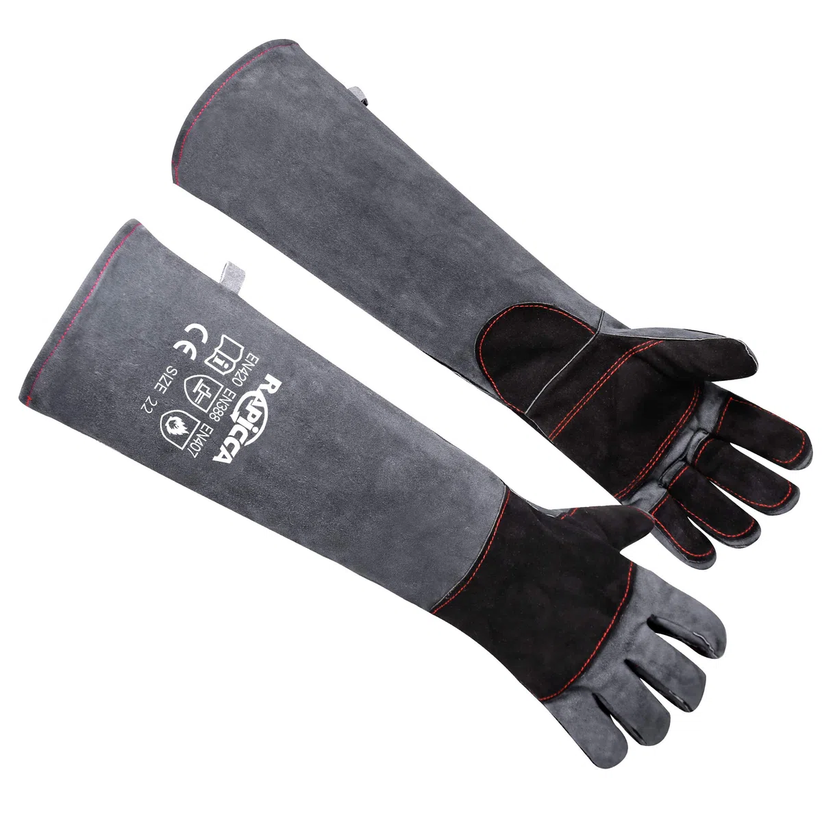 RAPICCA Gants de manipulation animale, cuir doublé, 22 pouces, gris-noir | Pour chiens, chats, oiseaux, fauconnerie, serpents et reptiles, vétérinaires, toiletteurs et agents animaliers