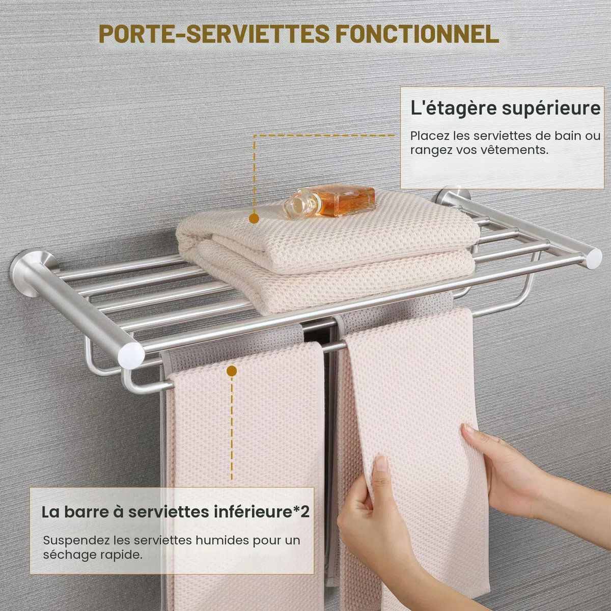 SAYAYO Porte Serviette Mural en Double Barres avec Étagère, Range Support Serviette en Acier Inoxydable pour Salle de Bain Cuisine Toilette, 60CM Brossé, EGKN2308-600-LS (95MM Entre Les Barres)