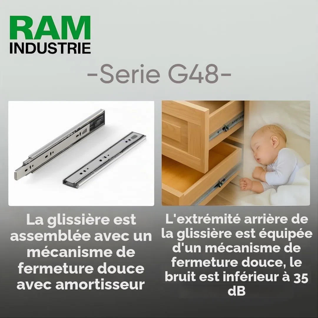 Série G48 - Paire de glissières télescopiques pour tiroirs, capacité de 45 kg (900 mm)
