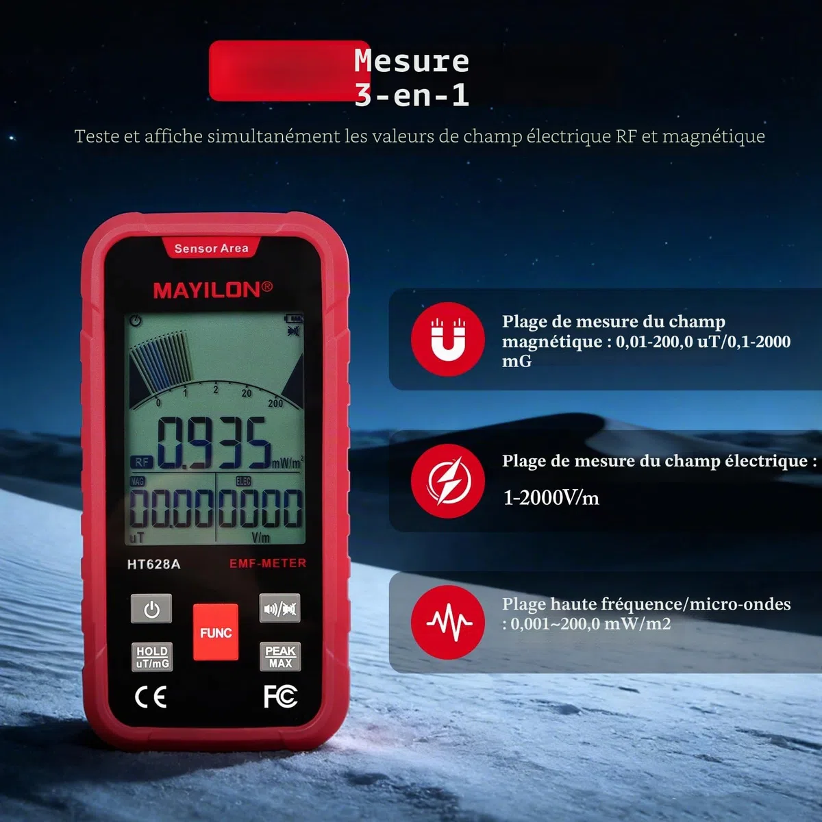 Détecteur EMF 3-en-1 Compteur Geiger avec Mesure 3 Axes (EF/MF/RF) Testeur de Rayonnement Électromagnétique avec Graphique de Tendance pour Maison WiFi 5G et Chasse aux Fantômes