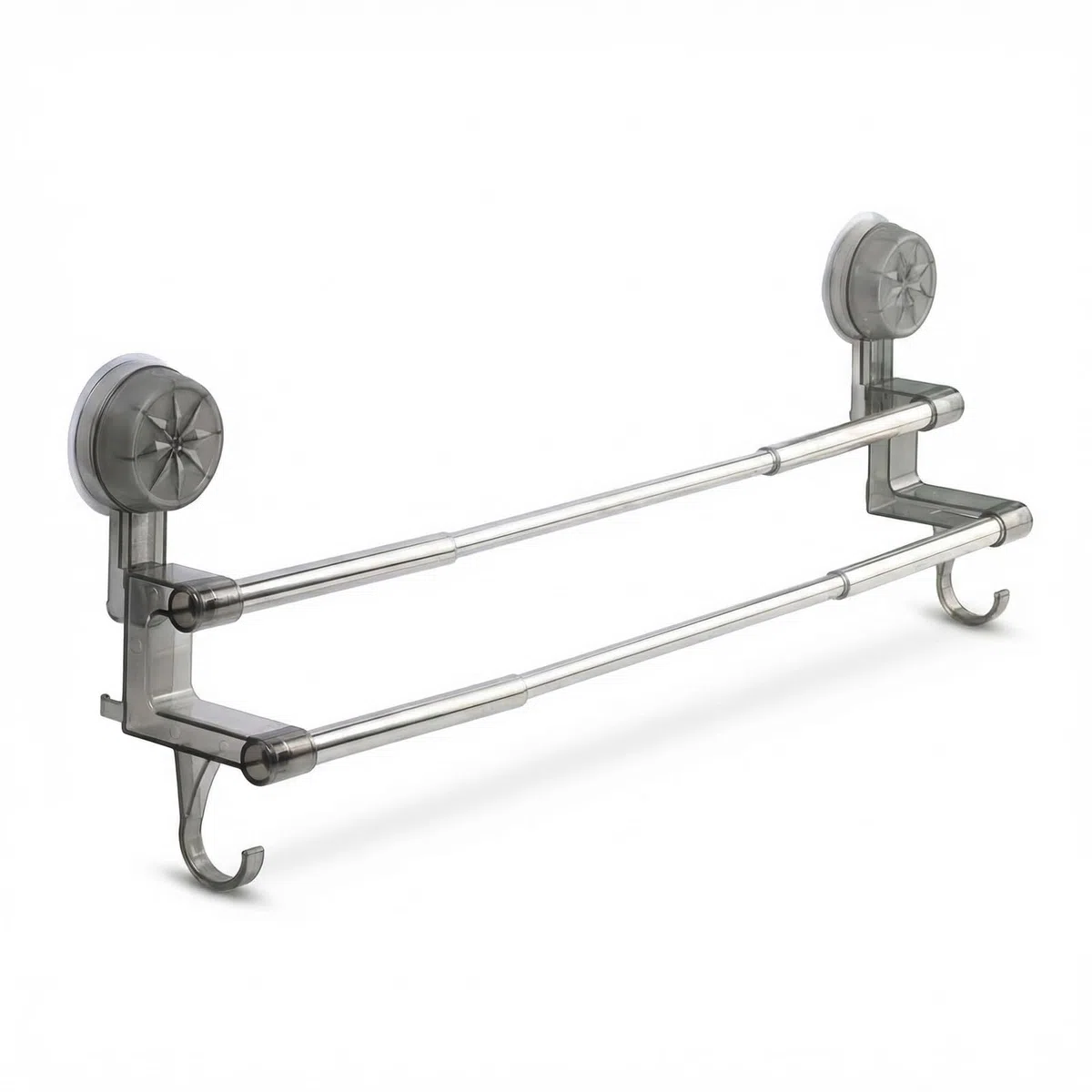Porte-serviettes Double Extensible en Acier Inoxydable Gris, Barre de Serviette Télescopique 30-60cm pour Salle de Bain et Cuisine, Montage Mural Sans Perçage avec Ventouse, Étagère de Rangement Moder