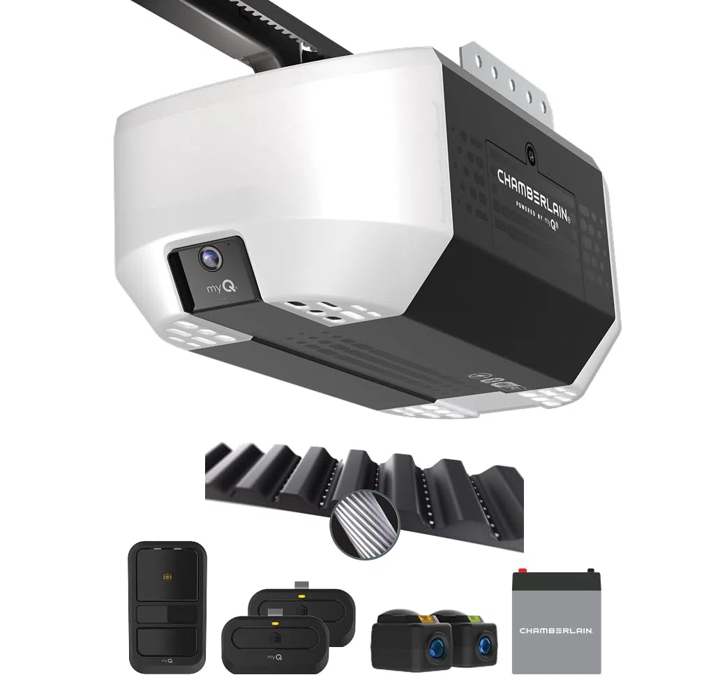 Chamberlain - Ouvre-porte de garage intelligent avec caméra fixe, batterie de secours, éclairage à 2 ampoules et connectivité myQ