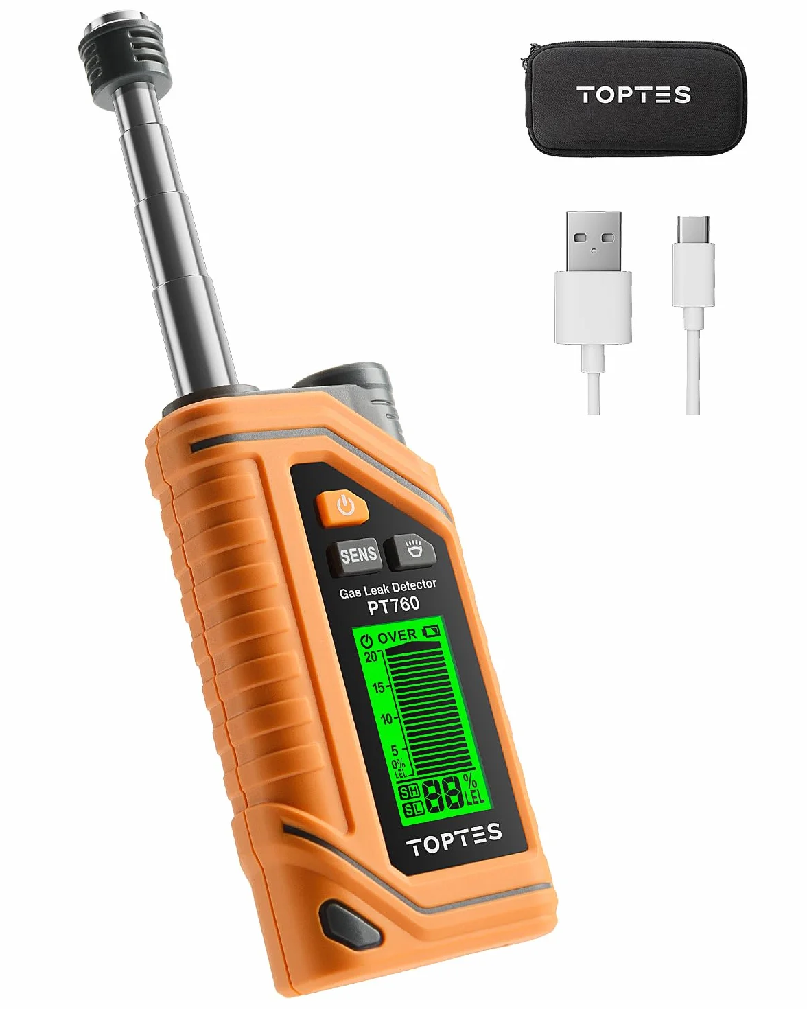 TopTes PT760 Détecteur de gaz Rechargeable, Detecteur Fuite de Gaz + Sonde Extensible 30cm + Lampe de Poche intégrée pour Propane méthane, Butane, pour Maison, RV - Mesure en%Lie - Orange