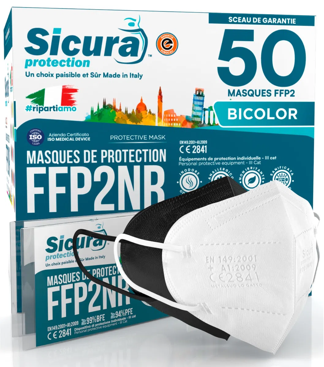 50x masques FFP2 certifié CE Noir et Blanc Made in Italy SICURA logo embossé BFE ≥99% SANITIZED and SEALED Italian FFP2 mask. Contient 25 Noirs + 25 Blancs