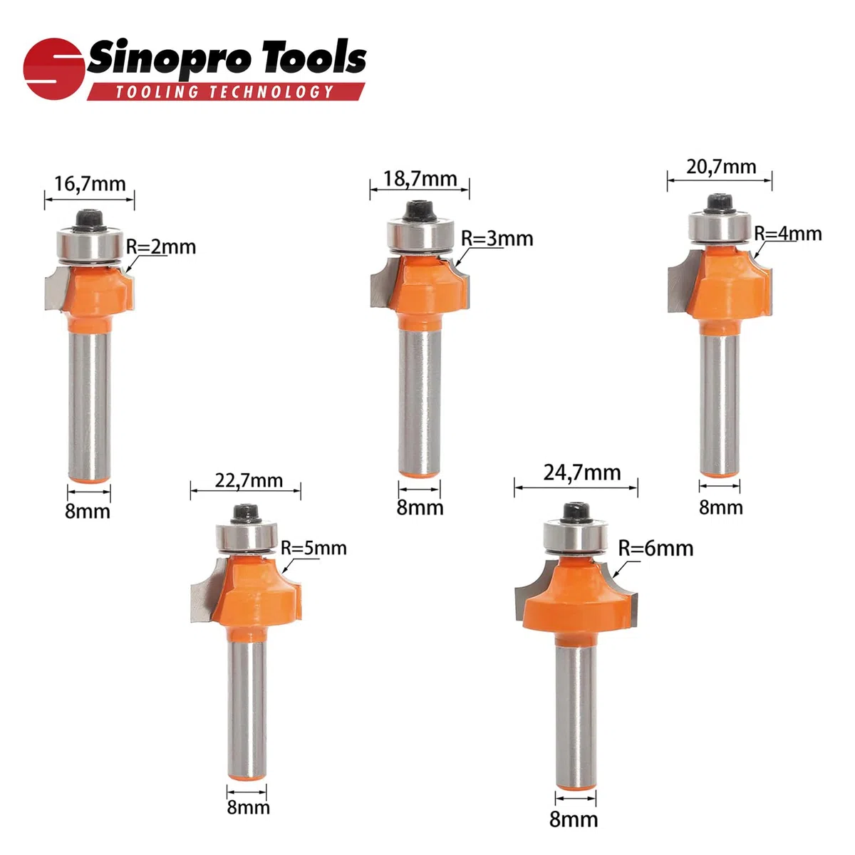 Jeu de 7 Fraises à Arrondir Quart-de-Rond pour Défonceuse – Queue 8 mm, Rayons 2/3/4/5/6/8/10 mm, Roulements Interchangeables 9,5 & 12,7 mm, Fraises Carbure pour Bois MDF Contreplaqué