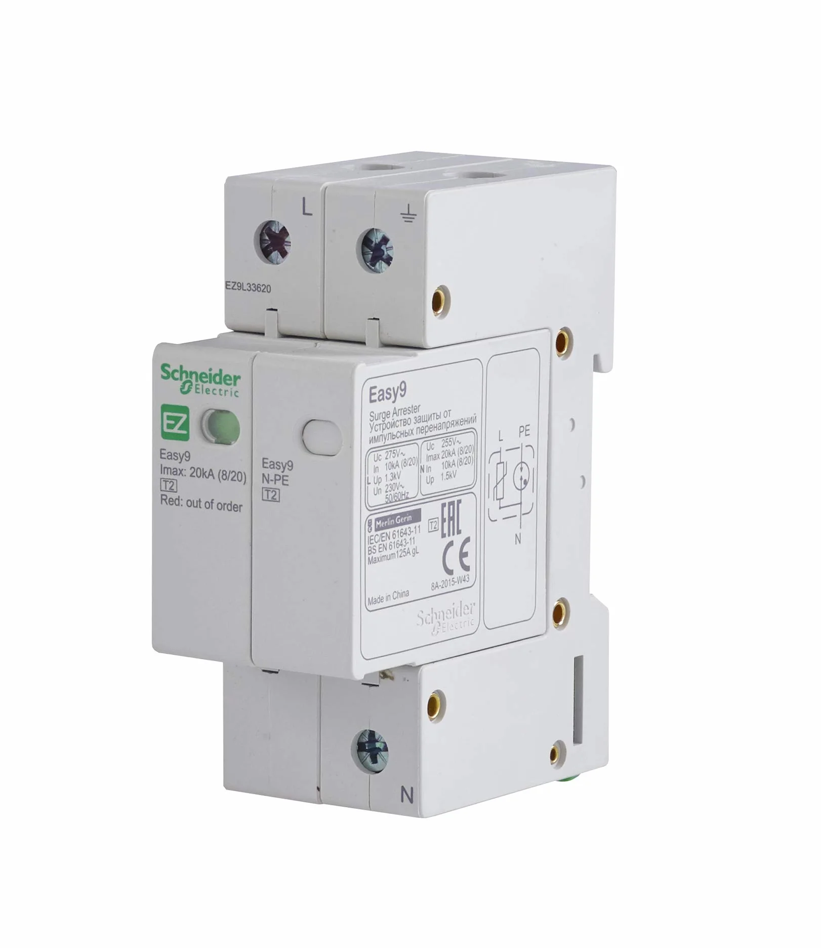 Schneider Ez9l33620 Parafoudre Easy9 Parafoudre 1p-n 20 KA, Blanc