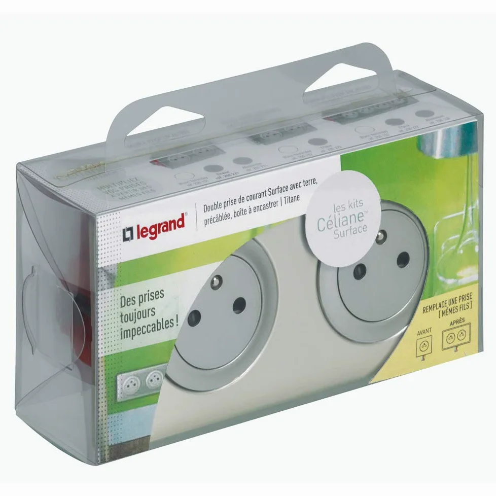 LEGRAND - Prise Electrique Double avec Plaque + Boîte à Encastrer Céliane Surface - Prise Affleurante avec Socle Rétractable - Fabriqué En France - Titane