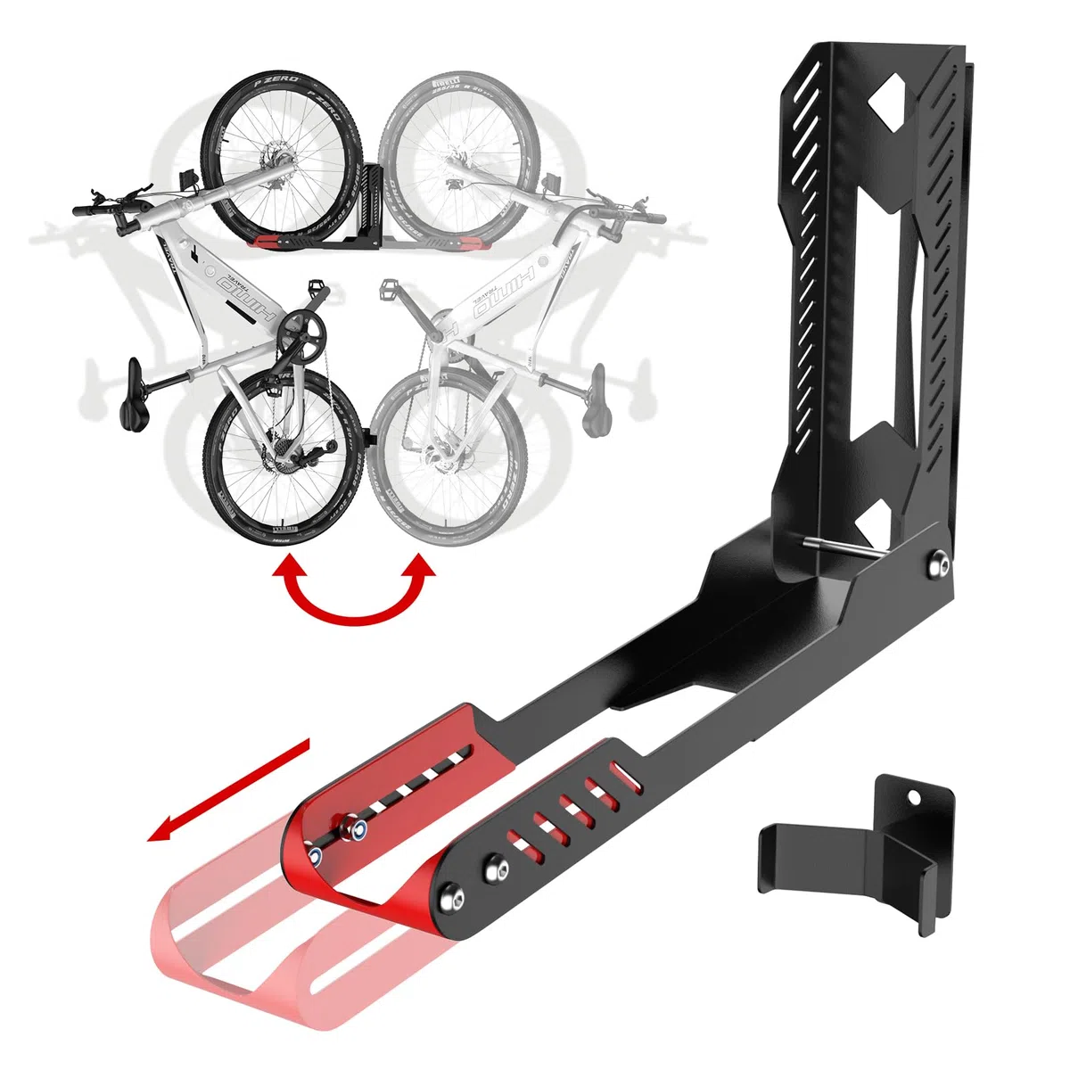 IMAYCC Support mural Professionnel Pivotant pour Vélo, sans Levage Lourd, Peu Encombrant pour le Garage, Facile à Accrocher et à Enlever, Peut Supporter Jusqu'à 40 kg (Noir-Rouge, 1 pièce)