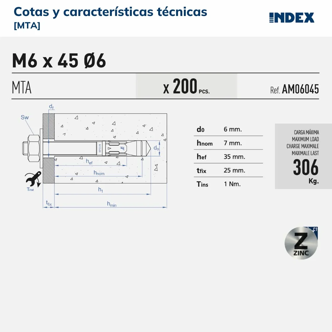 Index Fixing Systems MTA Lot de 100 fixations mâles pour charges élevées (zinguées), AM08090