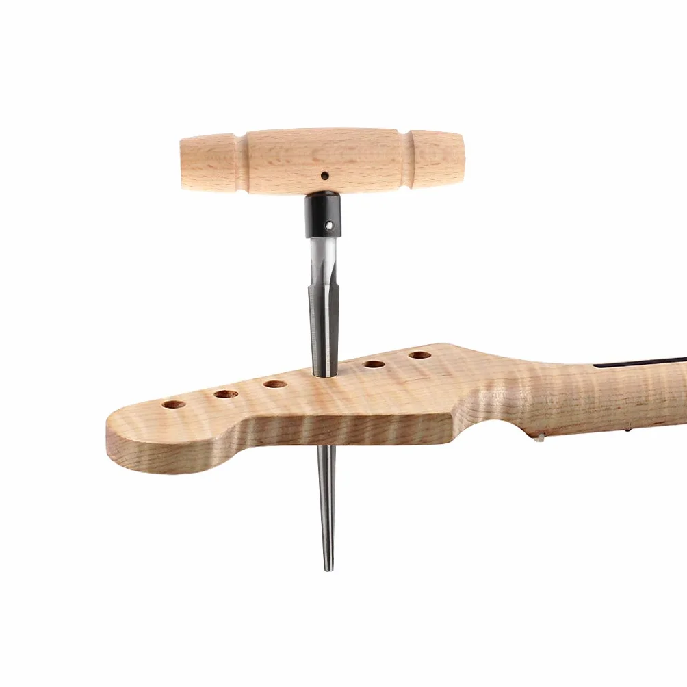 Alnicov Alésoir conique en bois à main avec poignée en T, 4 chanfreins cannelés, outil de coupe pour guitare