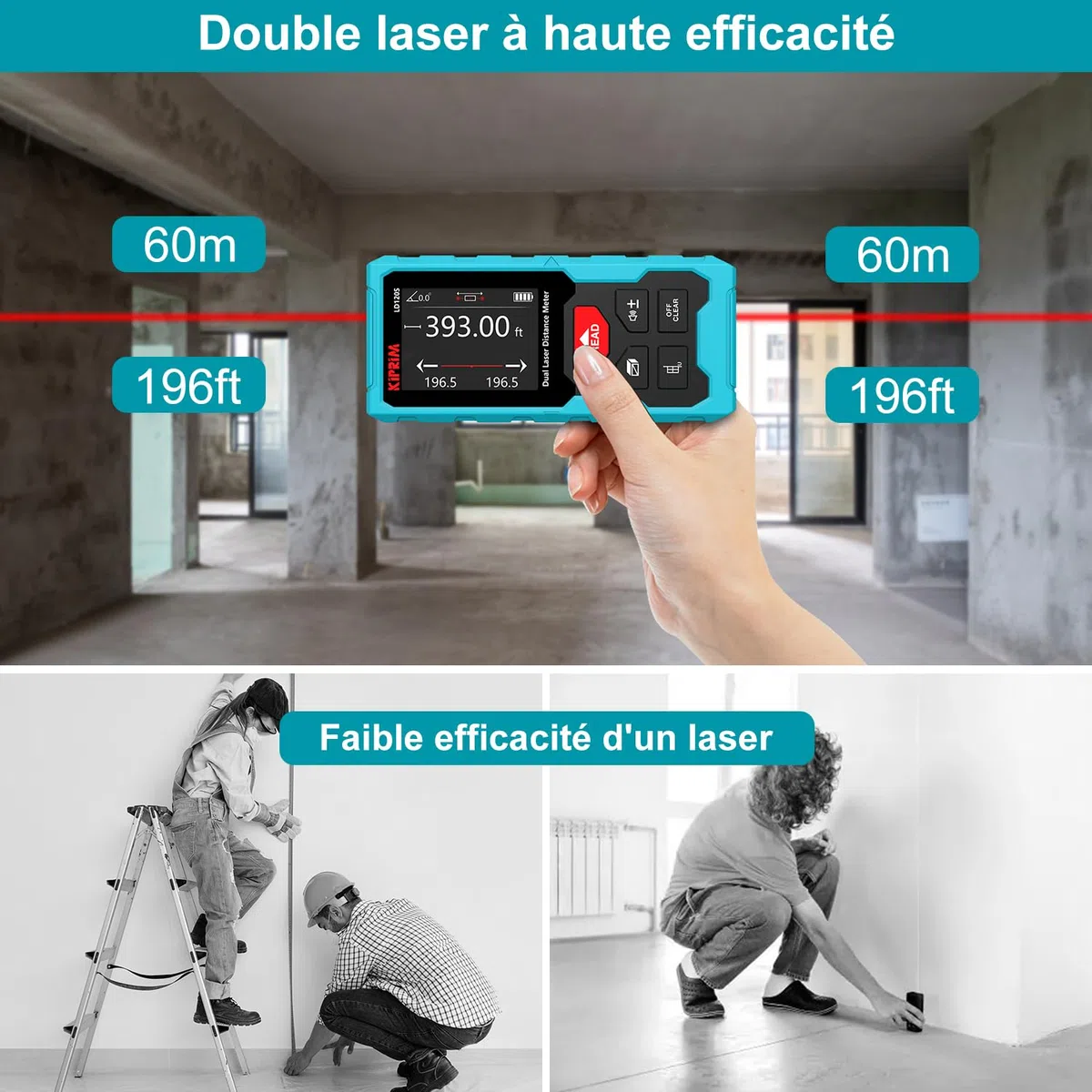 Kiprim LD120S Télémètre Laser Double, 120M de Portée, Niveau électronique, Mesures précises et Fonction Pythagore - pour la Construction, Le Bricolage et la rénovation