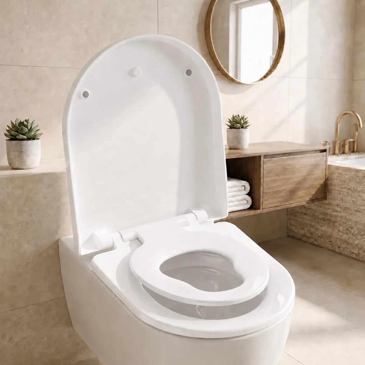 Abattant WC Familial Forme en D, Lunette de Toilette avec Siège Enfant Magnétique, Frein de Chute et Charnière Réglable, Siège de Toilette pour Adultes et Enfants, Démontage Rapide - Blanc