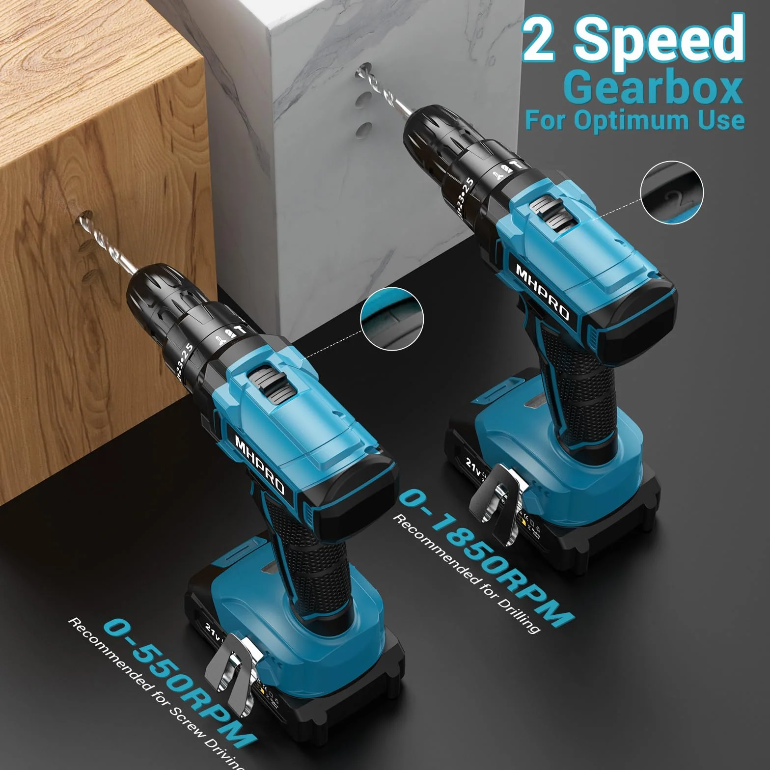 MHPRO Perceuse Visseuse Sans Fil 21V, Visseuse Devisseuse avec Batteries 2.0Ah, 42N.m Percussion, 25+3 Réglages de Couple, 24 Accessoires, 2 Vitesses, LED, pour Projet de Bricolage