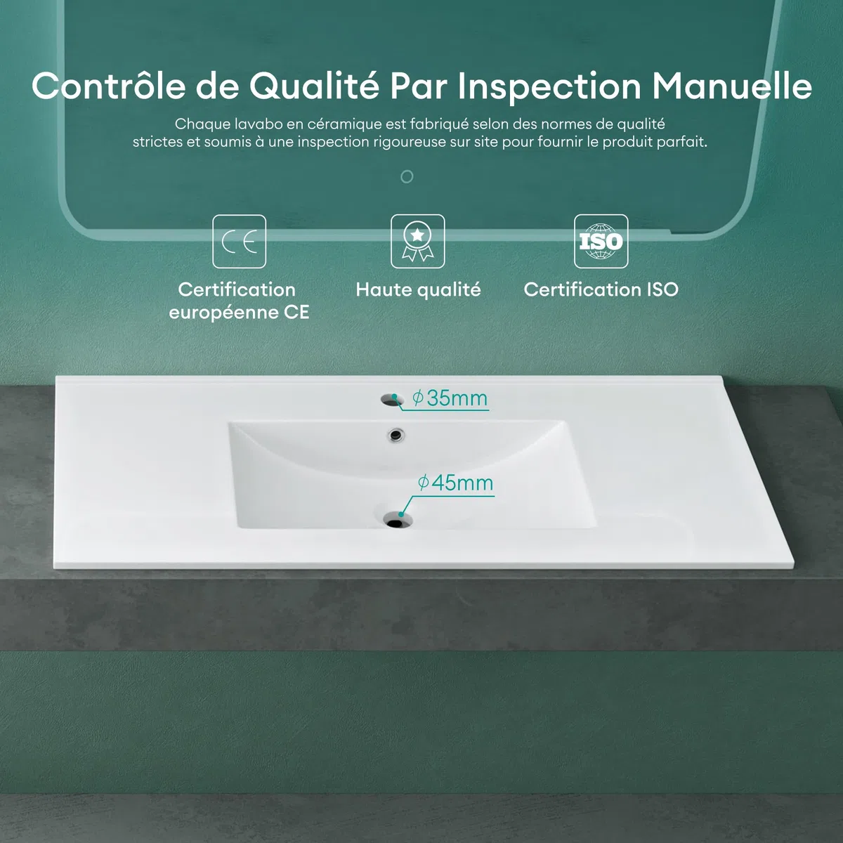 Mai & Mai Lavabo Encastré en Céramique 80cm Blanc Lave Mains Rectangulaire avec Perçage de Robinet et Trop-Plein 81x47x18cm BR912