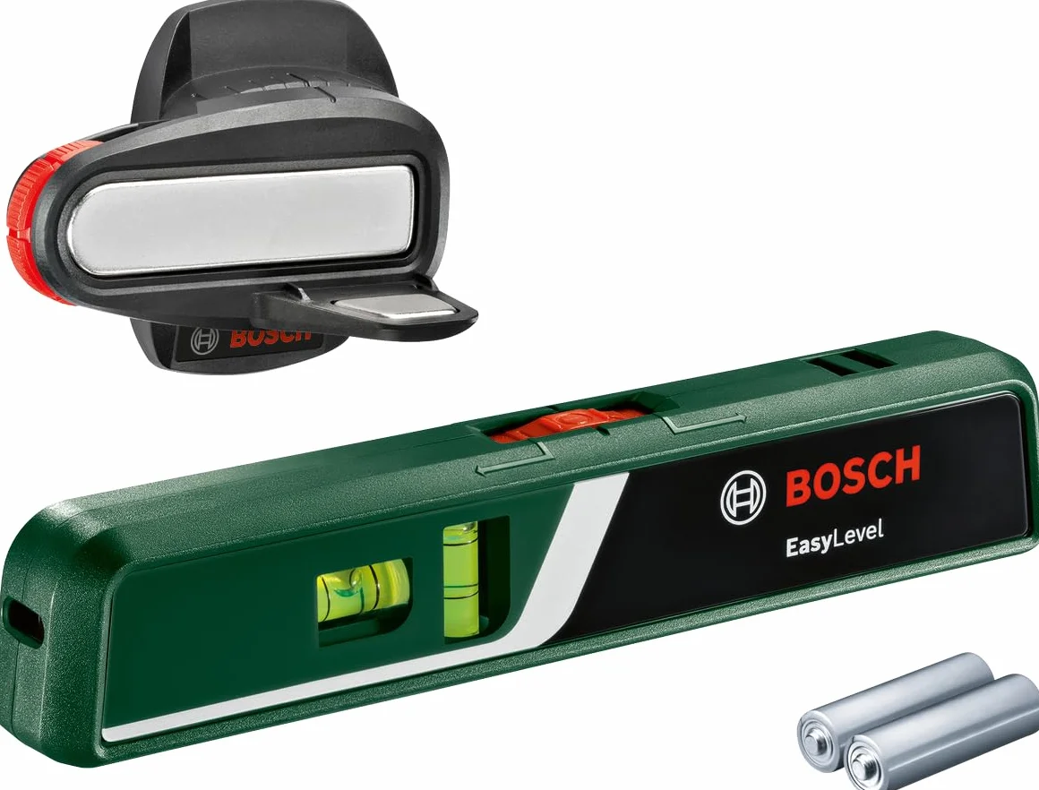 Bosch Niveau laser à bulle EasyLevel avec support mural (ligne laser pour un alignement flexible sur les murs et point laser pour un transfert de hauteur facile, dans boîte carton pour e-commerce)