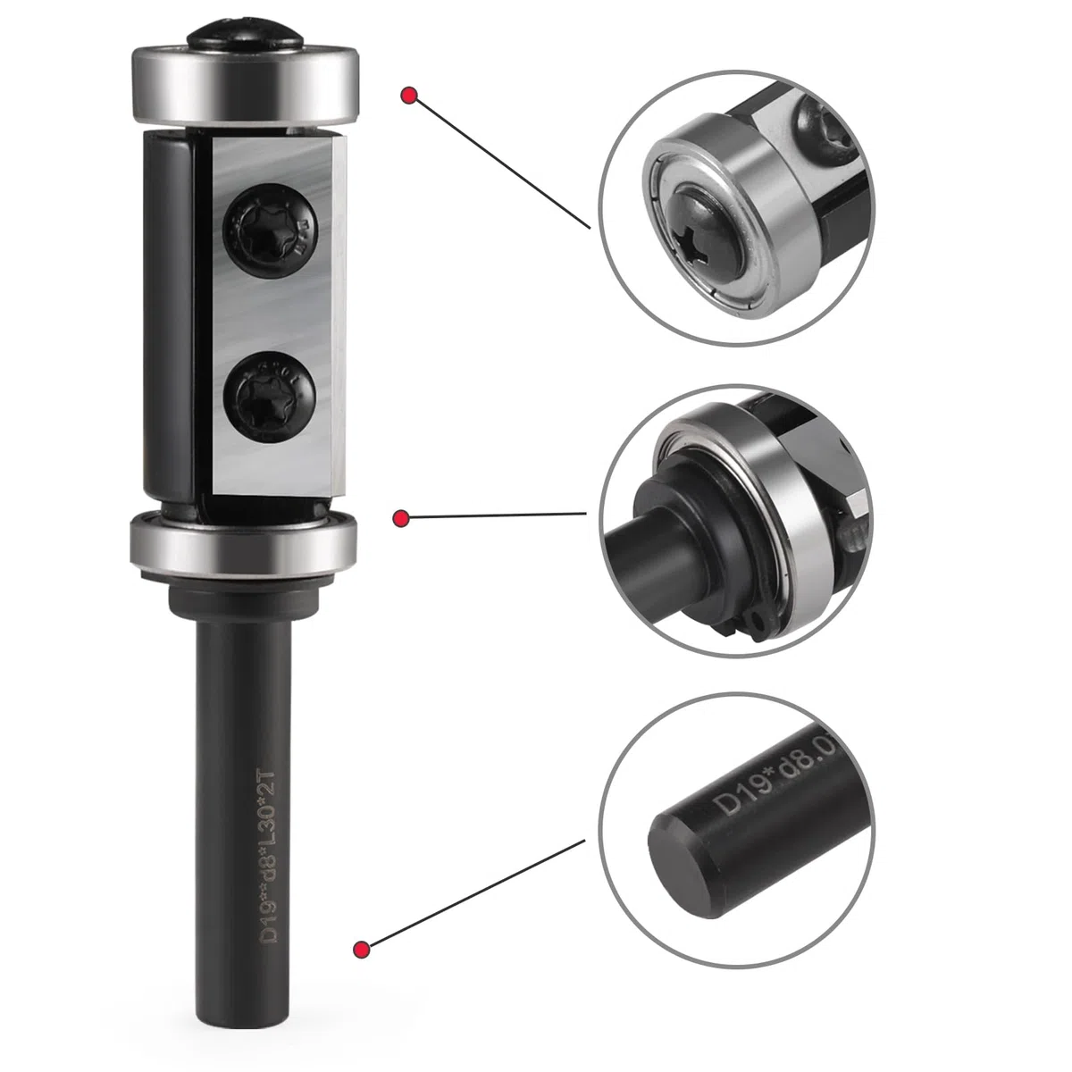 Fraise à affleurer à plaques réversibles avec tige de 8 mm, fraise à affleurer avec 2 surfaces de coupe en carbure interchangeable, diamètre = 19 mm, longueur totale = 30 mm en haut et en bas