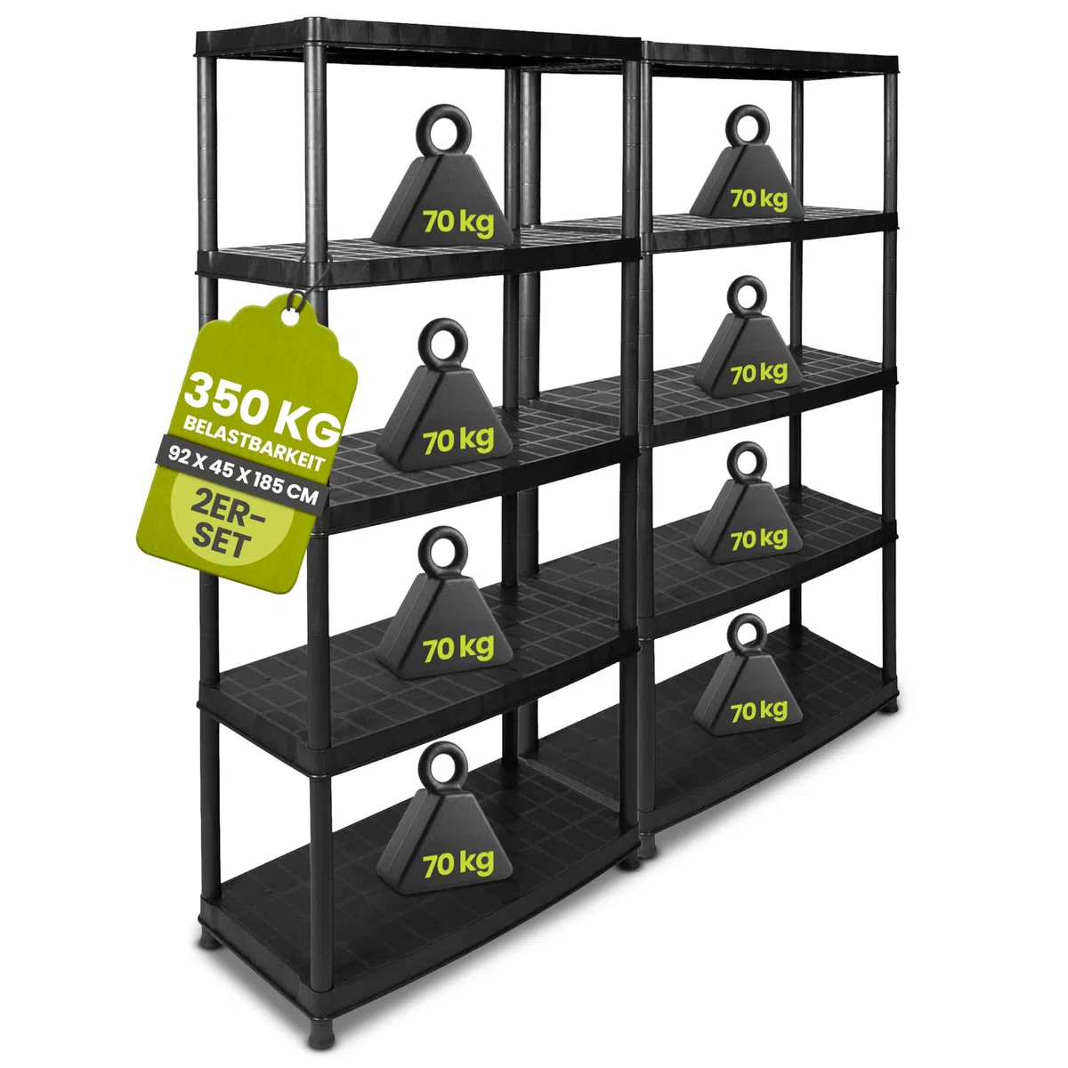 Lot de 2 étagères XXL en matériau synthétique pour charges lourdes avec 5 tablettes solides en noirCharge supportée de 70 kg par rayon, charge totale de 350 kg par étagèreQualité supérieure certifiée TÜV
