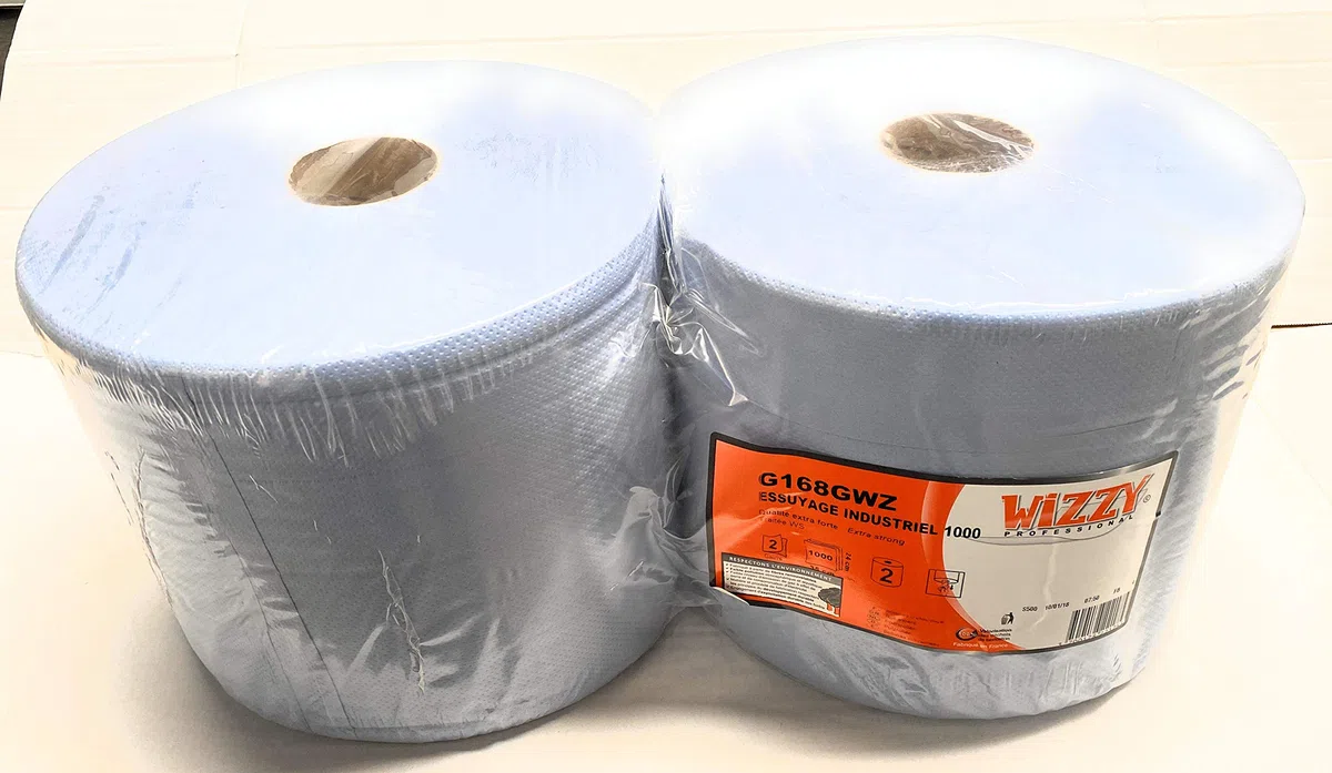 WIZZY DSTOCK60-2 X BOBINE OUATE BLEU GAUFRÉE 1000 formats 24 x 35cm ESSUYAGE INDUSTRIEL 6,3kg le lot