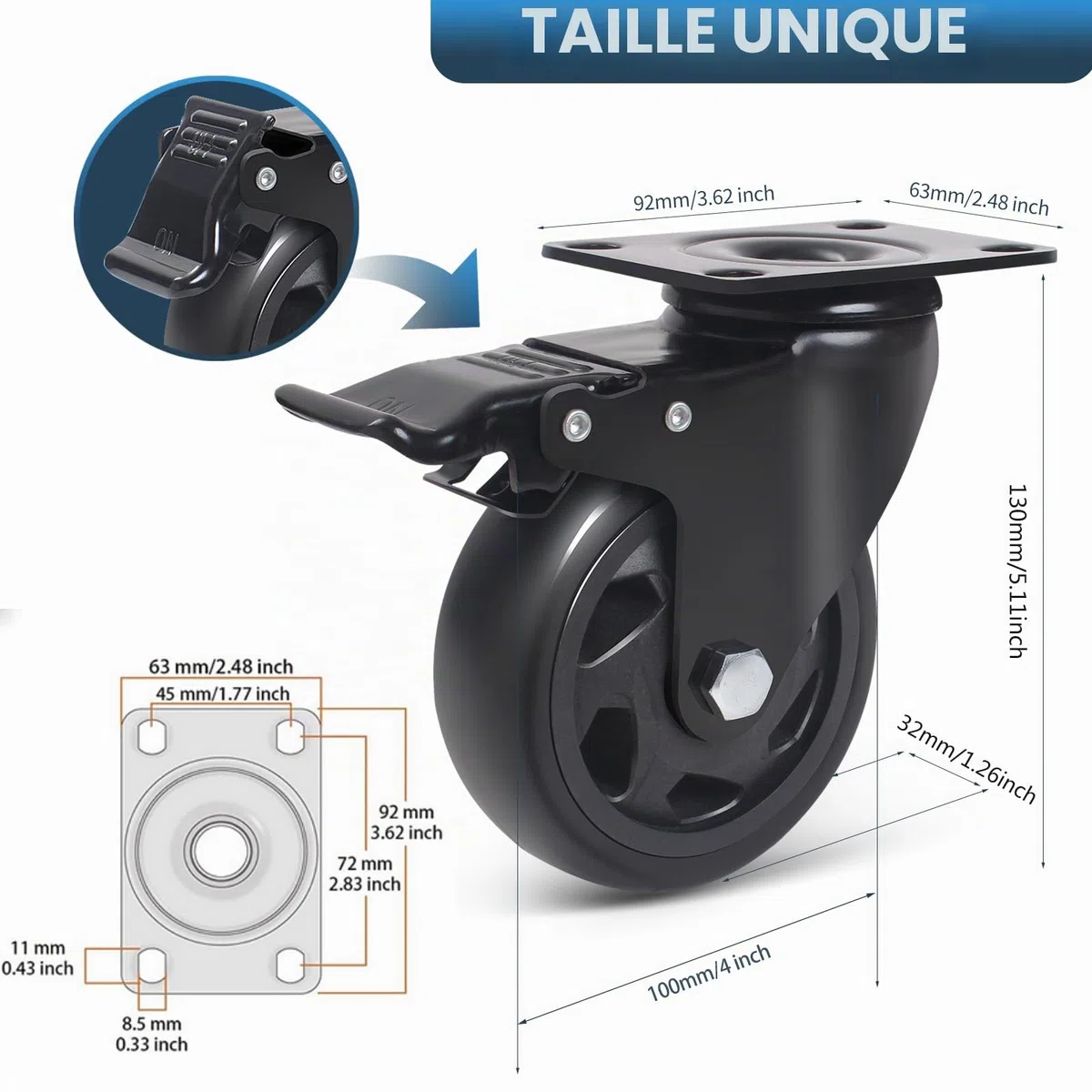 100mm Roulette Pivotante avec Frein, Lot de 4 Roulettes pour Meubles Jusqu'à 600KG, 360 Degrés Roulettes Charge Lourde Polyuréthane Roue de Transport (avec Vis)