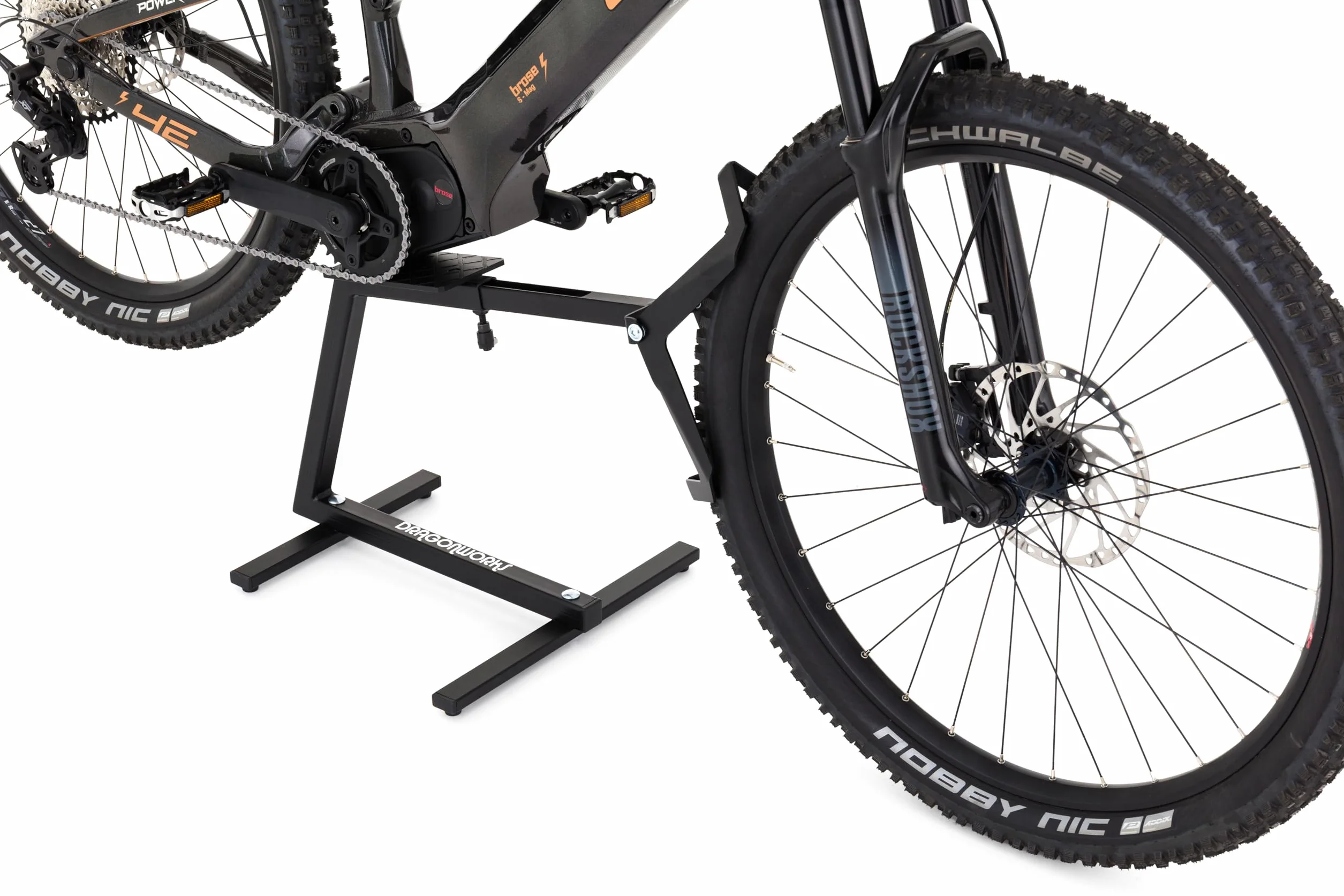 DRAGONWORKS MX Support Vélo pour E-Bike à Moteur Central - Support Vélo Sol Ultra Robuste en Acier - Idéal Entretien, Nettoyage et Stationnement - Compatible 27.5–29” - Capacité de charge de 45 kg