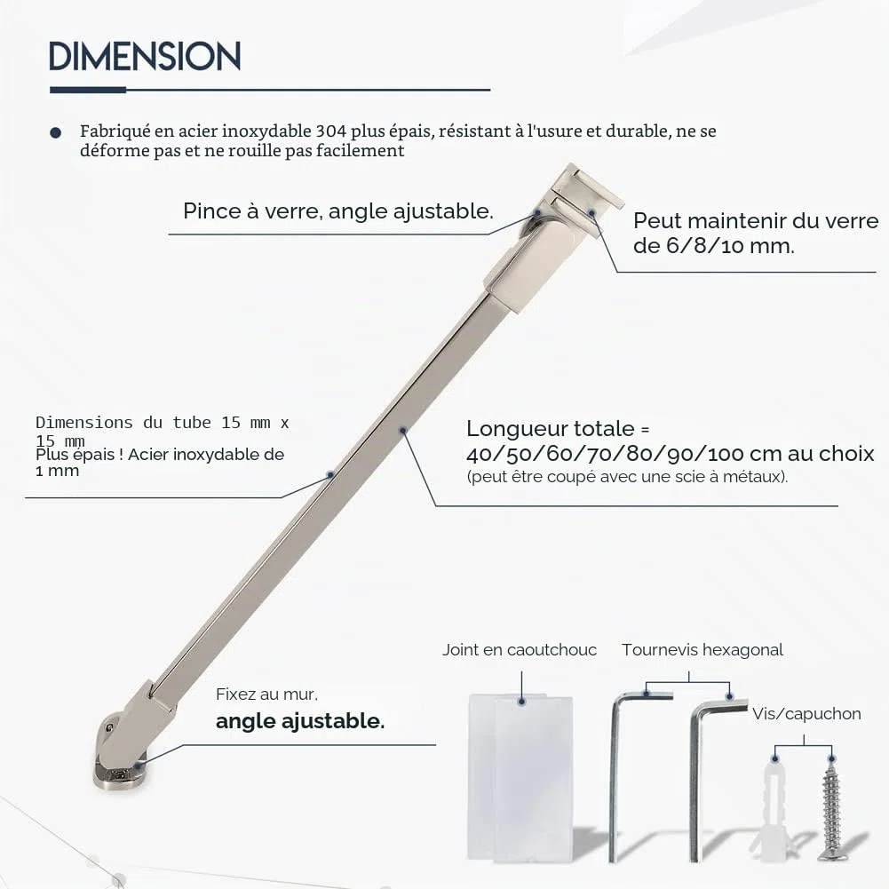 M-Home - Barre de renfort pour paroi de douche - Acier inoxydable, 60 cm, pour paroi en verre sans cadre de 6 à 10 mm d’épaisseur