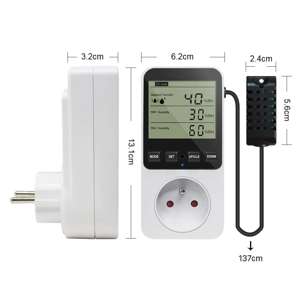 KETOTEK Digital Contrôleur Humidité/Température, Prise Hygrostat avec Sonde, Regulateur D'humidité 230V avec Alarme pour Incubateur Serre Humidificateur Déshumidificateur