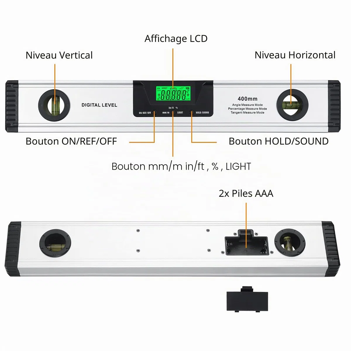Neoteck 400mm/16inch Niveau à Bulle Numérique avec Indicateur Audio Numérique Spirit Level-Finder Angle en Alliage d'Aluminium avec Base Magnétique Outils de Mesure Angle Jauge Grand Écran LED Clair