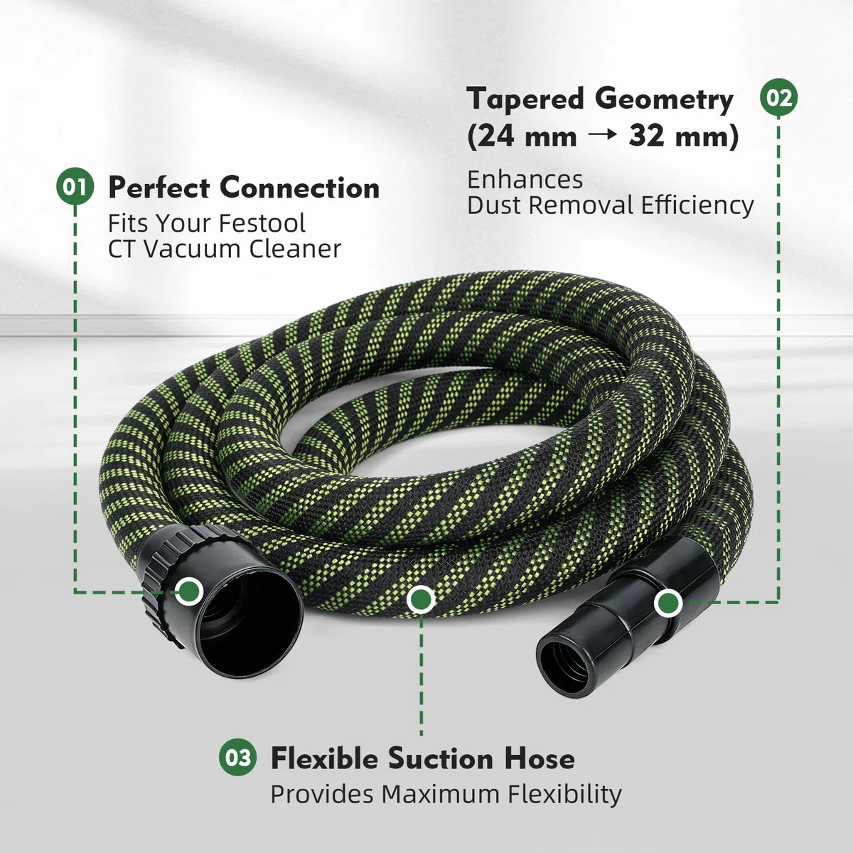 Tuyau d'Aspirateur 5 m Compatible avec Festool CT 26/36/48, CT 15/25, CT MINI & CT MIDI à partir de 2019, Aspect Peau de Serpent, Tuyau d'Aspiration Léger Anti-Pli pour Ponceuses Systèmes d'Extraction