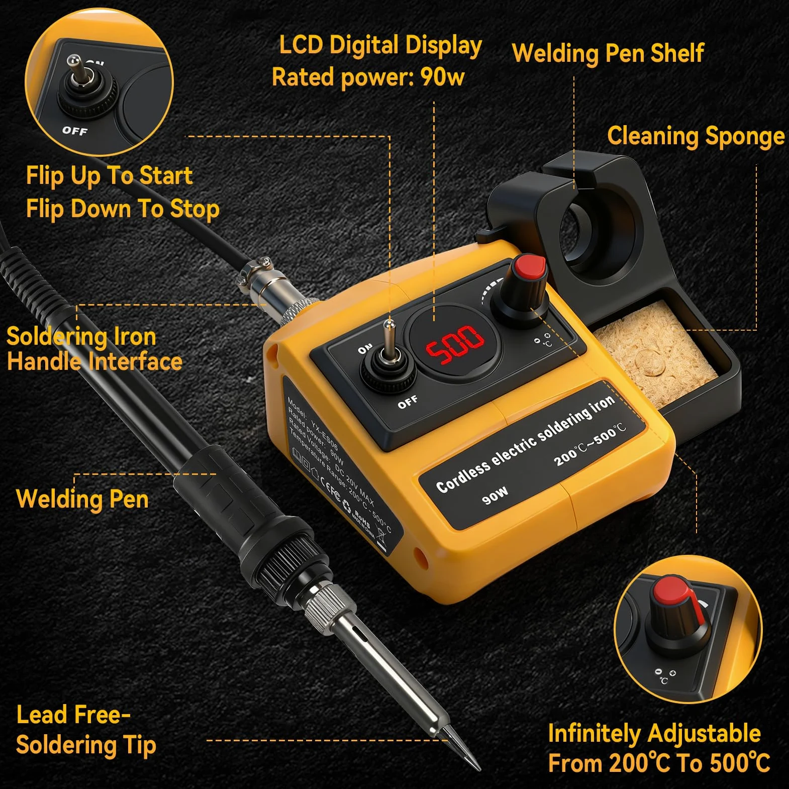 Station de fer à souder sans fil compatible avec batteries DEWALT 18 V/20 V, écran LCD numérique 90 W, station de soudure électrique avec réglage en continu de 200 à 500 ℃ pour (outil uniquement)