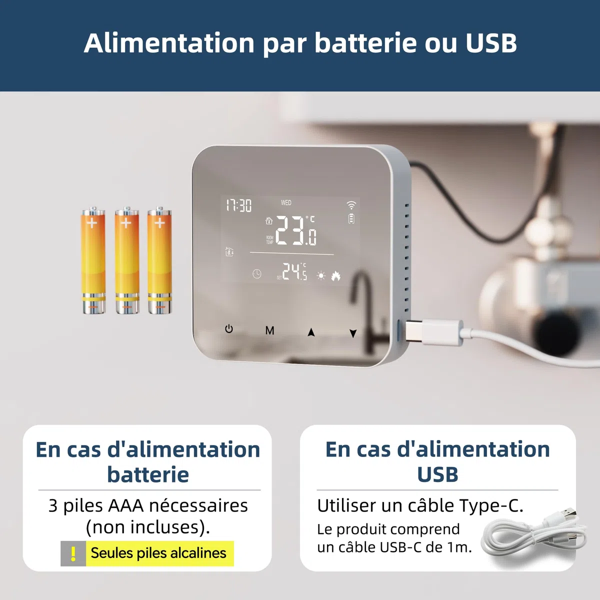 Beok Thermostat WiFi pour chaudières gaz et fioul,Thermostat Mural à 2 Fils,Programmation Quotidienne,Alimentation par Pile ou USB,Compatible avec Tuya Smart APP,Alexa
