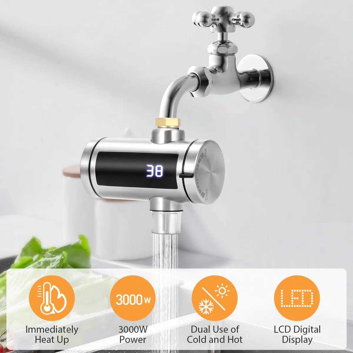 Chauffe-eau universel en acier inoxydable avec affichage de la température LED, mini chauffe-eau pour robinet de cuisine
