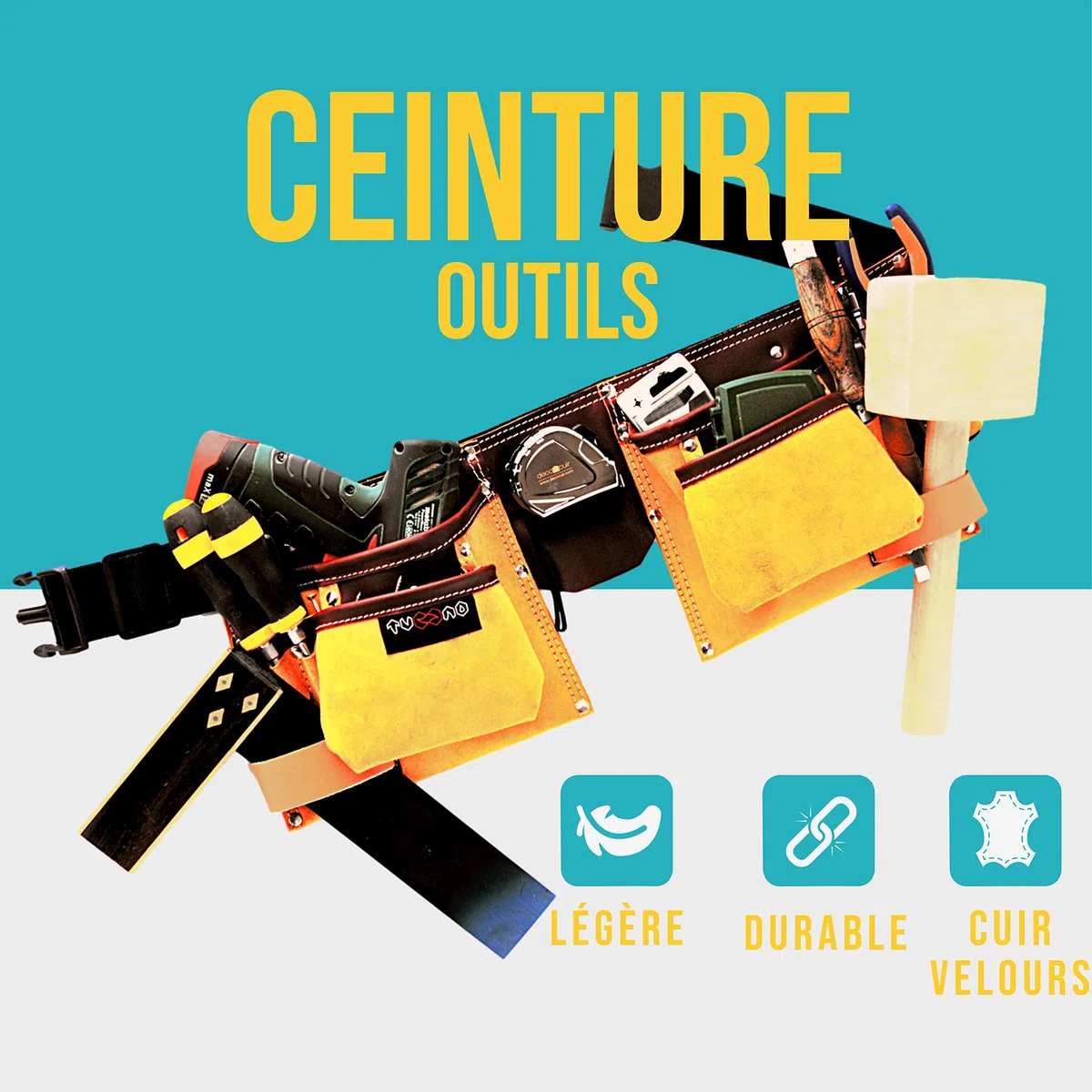 Ceinture porte outils en cuir de qualité avec 11 poches, ceinture ajustable en nylon, cadeau pour fête des pères pour bricoleur(se), charpentier, menuisier