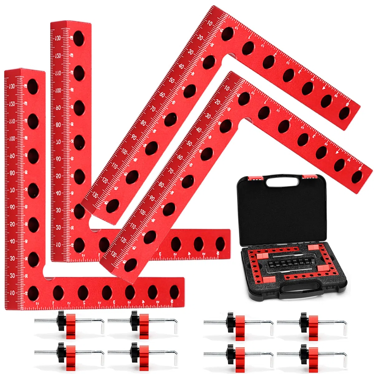 Pince à Angle Droit à 90 Degrés, 4PCS Bloc de Positionnement en Aluminium 140mm, Presses d'Angles Serre-Joints pour Travail du Bois, Équerre Type L avec Mallette pour Fixation Rapide de Cadres Photo