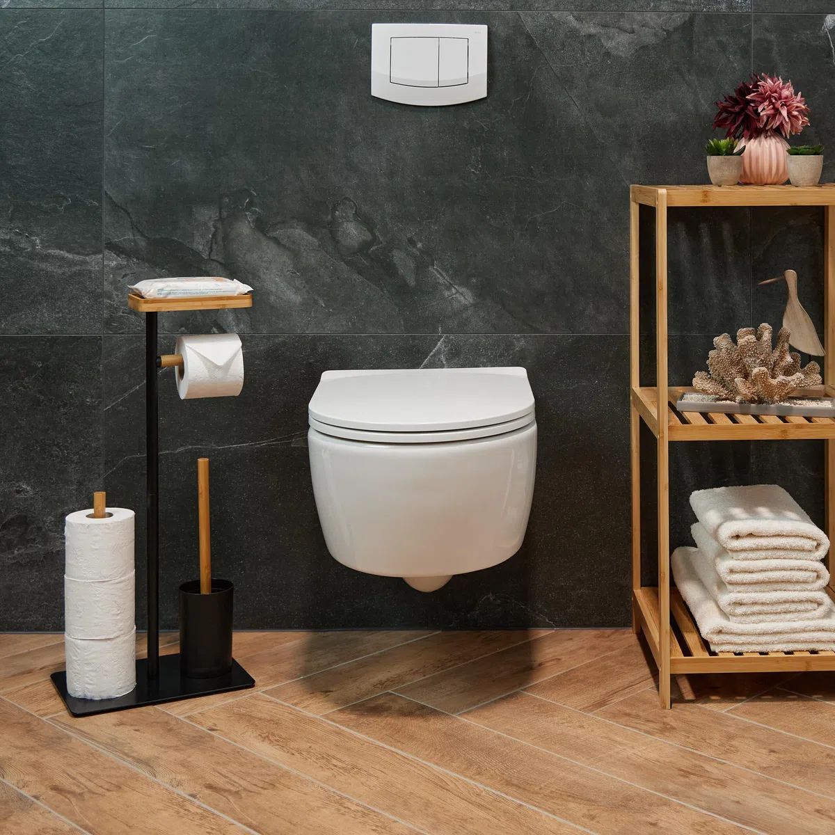 Relaxdays Serviteur WC, Bambou, Fer, Support Non Fixe, Brosse et Porte-Brosse, Noir - Nature