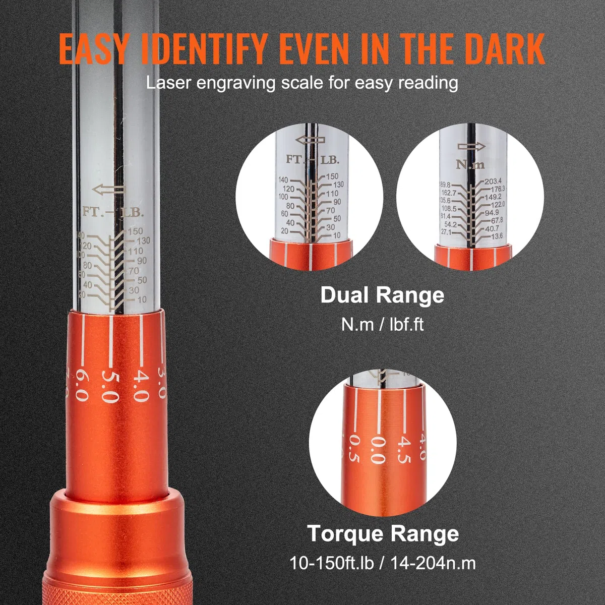 VEVOR 1/2" Clé Dynamométrique Mécanique Clé de Torsion 14-204 N.m Précision ±3% Clé à Cliquet Réglable 72 Dents Contre Surcouple avec Adaptateurs 6,35/9,5 mm Rallonge 127 mm Kit d’Entretien Auto Moto