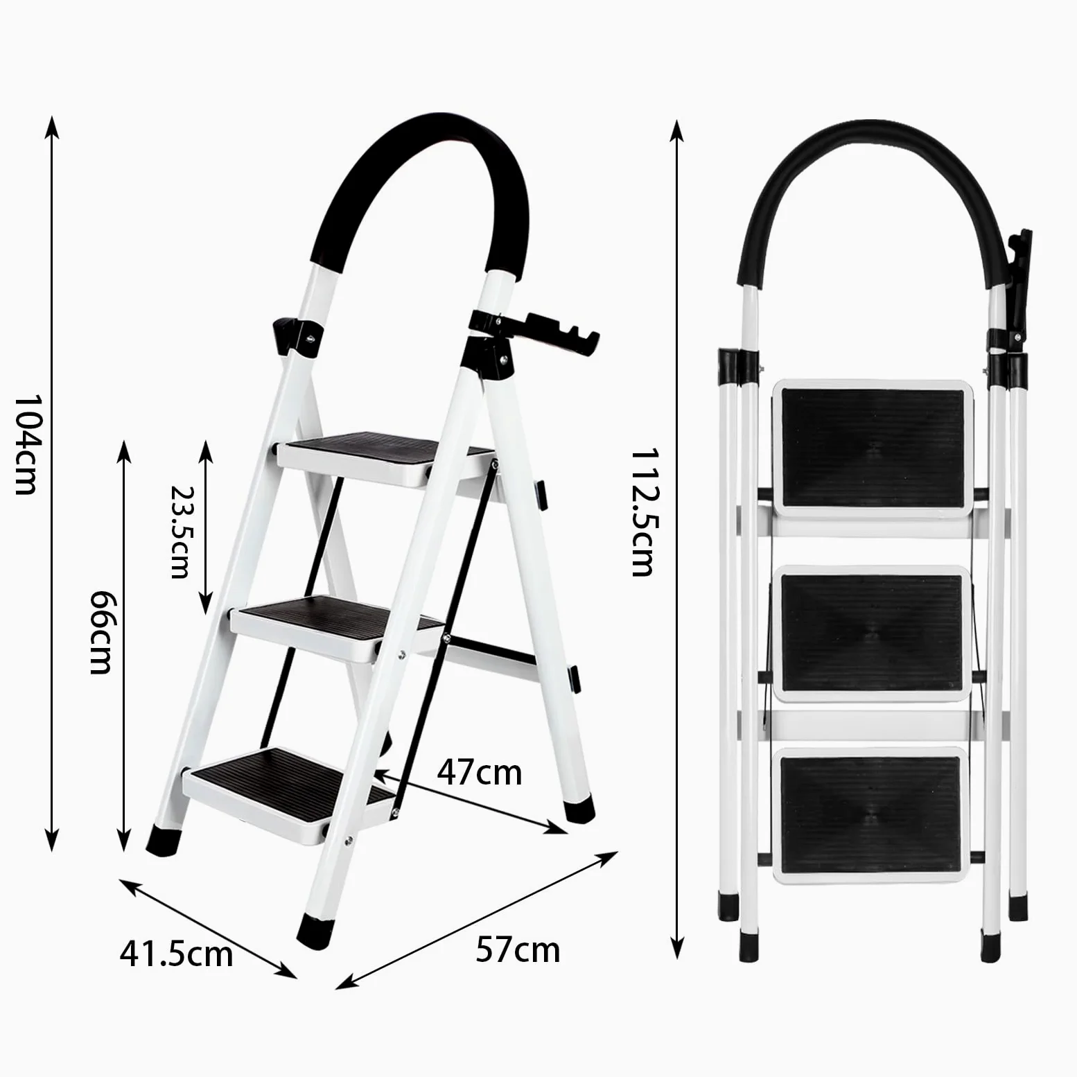 Escabeau avec Plateforme de Travail, Charge 180 kg Escabeau Pliable, Larges Marche Pied Pliable Antidérapantes, Tabouret en Acier Marche Pied Adulte (104 x 57 x 41,5 cm – 3 étapes (Blanc))
