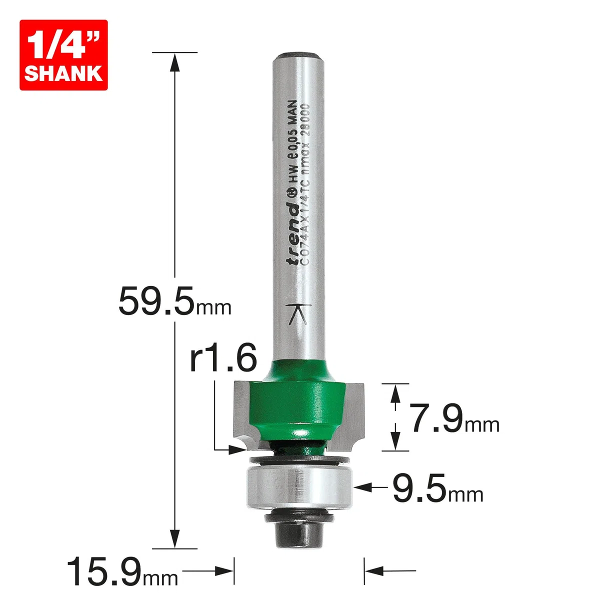 Trend CraftPro Fraise à Défoncer à Roulement Guidé à Arrondi, Queue de 1/4 Pouce, Rayon de 1,6 mm, Longueur de Coupe de 7,9 mm, Comprend Plusieurs Roulements, C074AX1/4TC