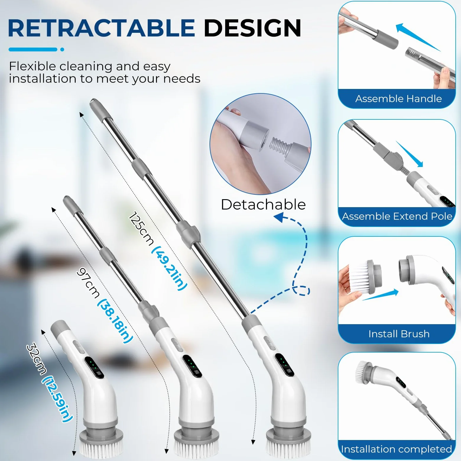 Brosse Nettoyage Electrique Rotative, Brosse Electrique Nettoyage avec 9 Têtes Interchangeables, Manche Réglable, IPX7 Étanche, 3 Vitesses, Electric Spin Scrubber pour Salle de Bain, Cuisine, Voiture