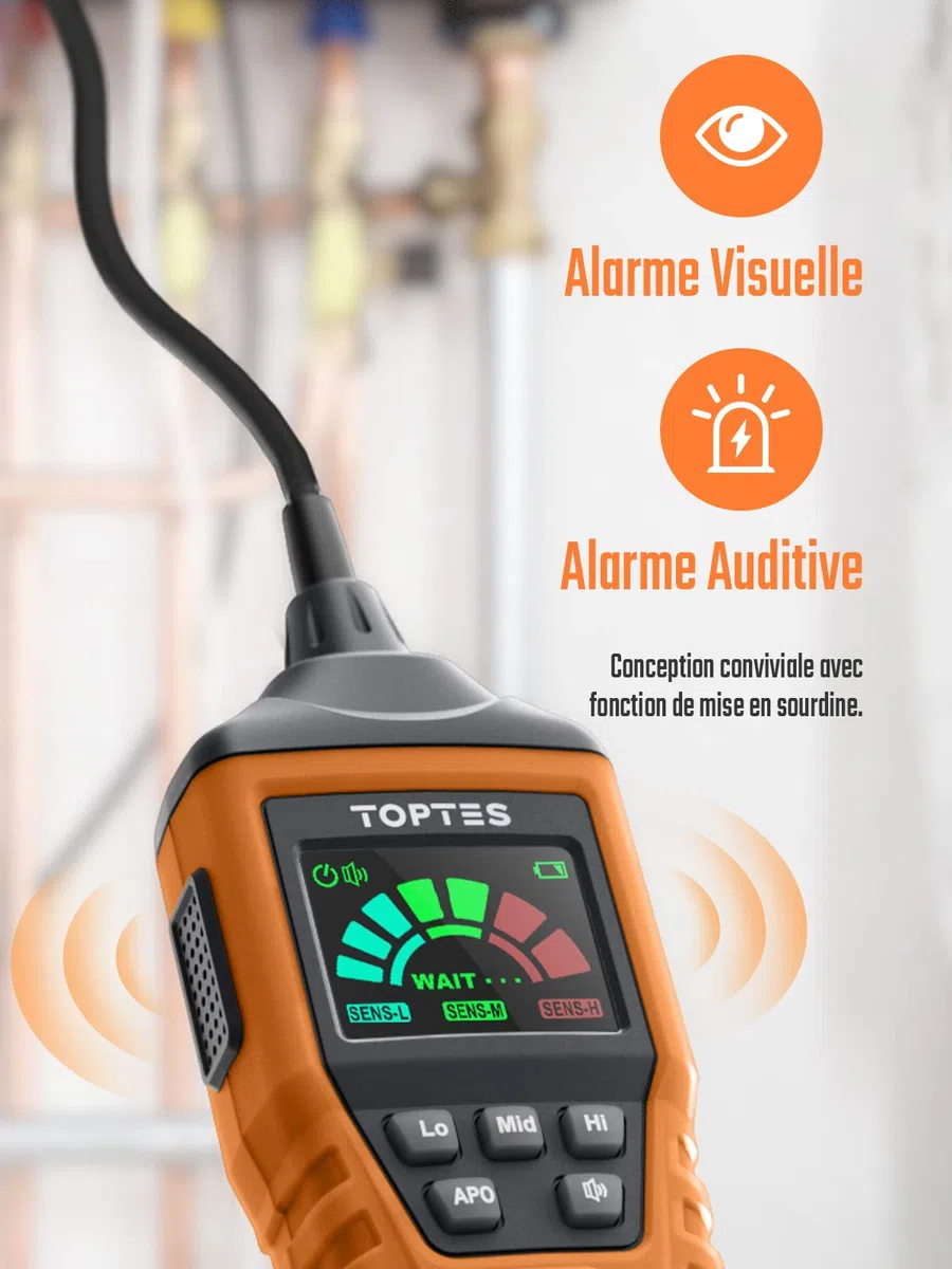 Détecteur de Gaz Naturel, TopTes PT520A Détecteur de Fuites de Gaz avec Une Sonde Flexible de 43,5 cm, pour Les Fuites de Gaz comme Le Propane, Le Gaz Naturel, Le Méthane (3 Piles Incluses) - Orange